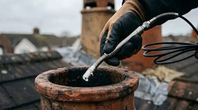 Inspection camera dropping into a soot-lined clay chimney pot
