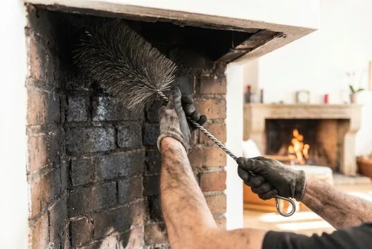 Wire brush scrubbing creosote and soot from a brick firebox