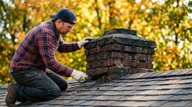 Mason kneeling on a roof working at a worn chimney crown