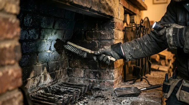Hand brush cleaning a sooty firebox