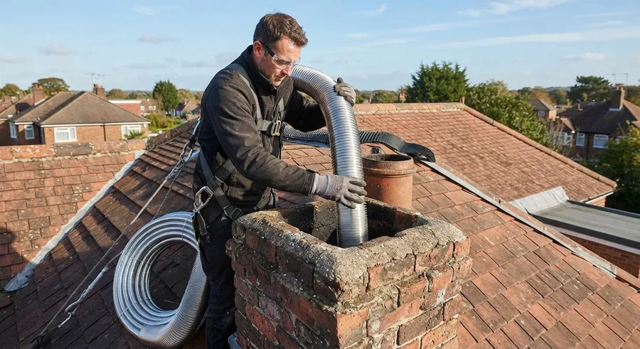 Harnessed tech feeding a flexible stainless liner into a brick chimney