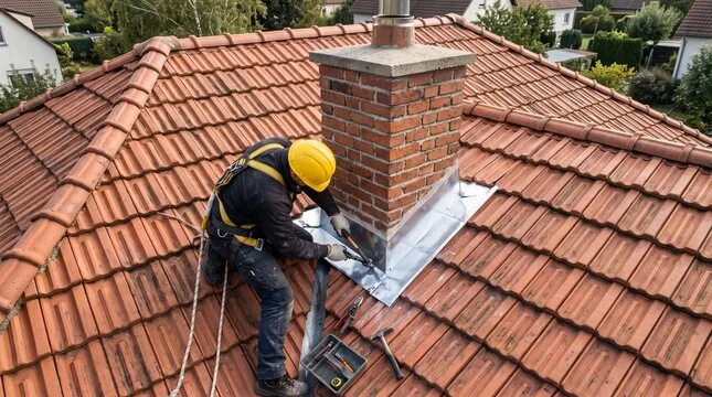 Roofer roped in with a helmet fitting chimney flashing on a tile roof
